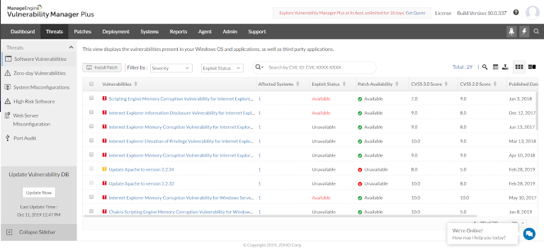 manageengine vulnerability manager plus’s threat tab showing all vulnerabilities