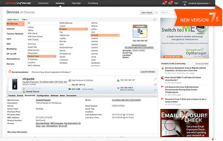 spiceworks asset management inventory showing all devices
