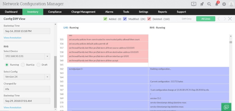 Captura de pantalla con el panel de control de inventario de configuración de red de ManageEngine
