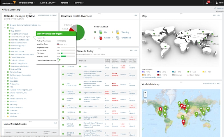 screenshot of solarwinds network performance monitor's worldwide network map overview