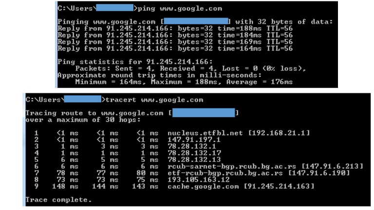 screenshot of tracert and ping operations