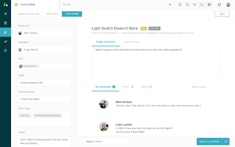 the zendesk suite showing tickets and comments
