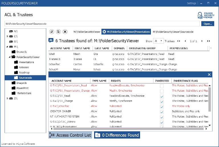 screenshot of foldersecurityviewer showing access control list of a folder
