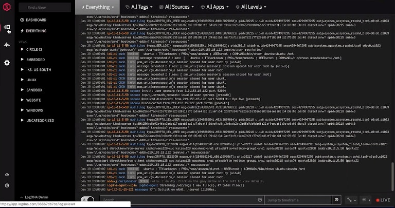 screenshot of logdna's dashboard showing all log hits