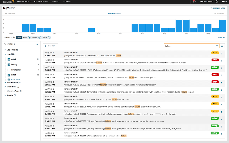 screenshot of solarwinds log analyzer's log viewer report