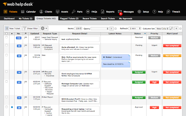 screenshot of solarwinds web help desk showing group ticket details