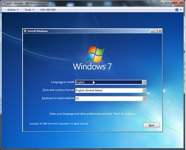 windows virtual pc installation screen