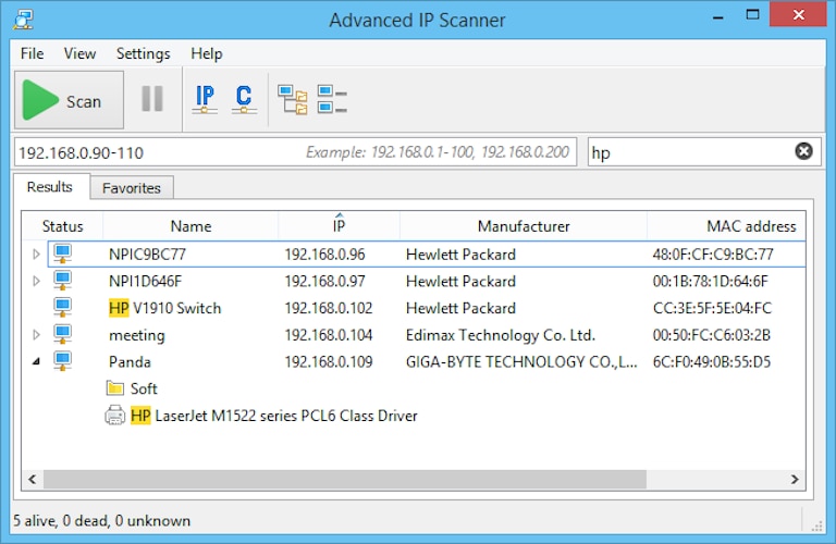 screenshot of advanced ip scanner performing ip scan