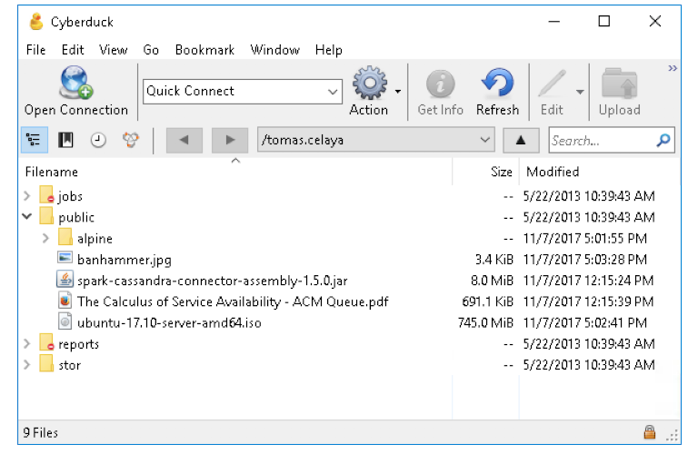 screenshot of cyberduck showing filenames by last modified date