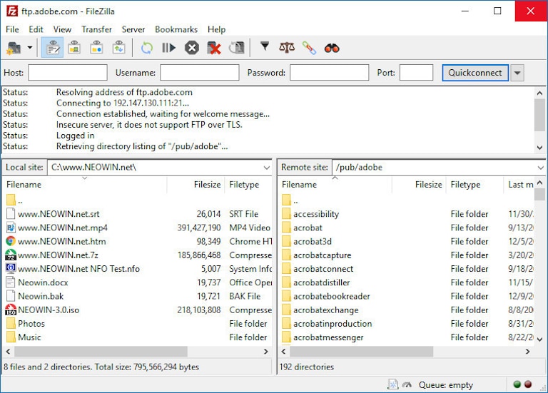 screenshot of filezilla ftp uploading folders into a web host