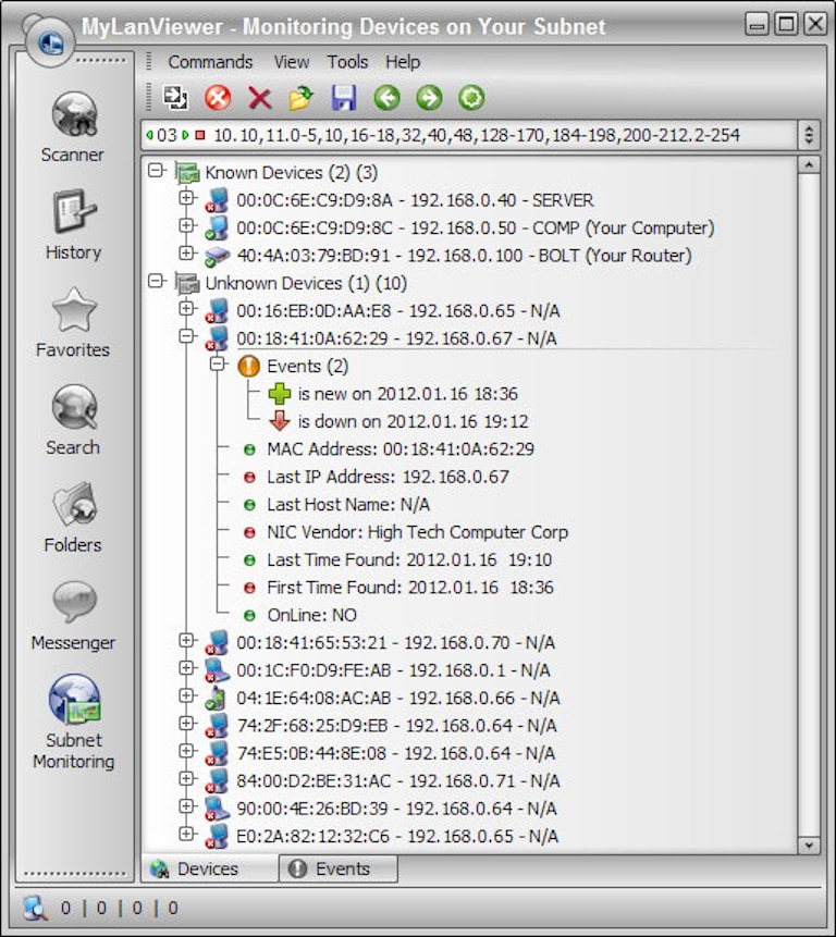 screenshot of mylanviewer monitoring known and unknown devices
