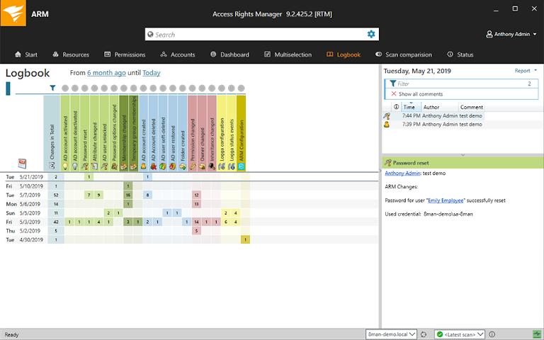 screenshot of solarwinds access rights manager's logbook report