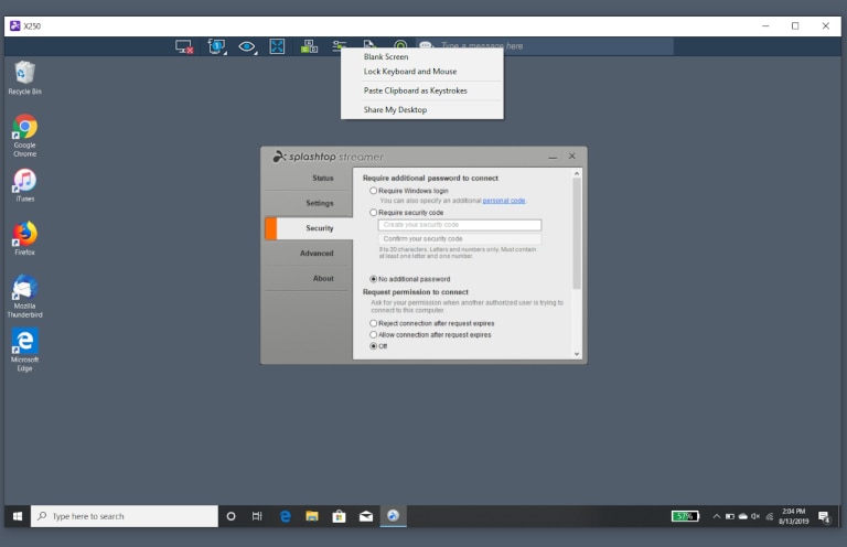 screenshot of splashtop's security settings