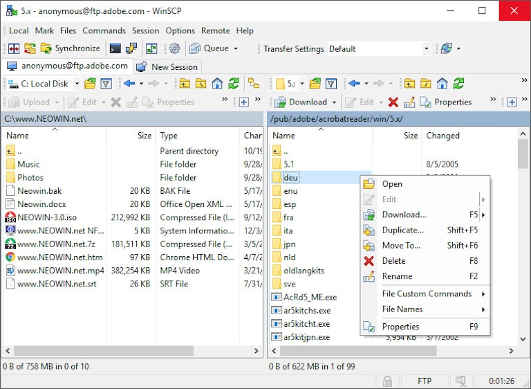screenshot of winscp uploading files into a web host